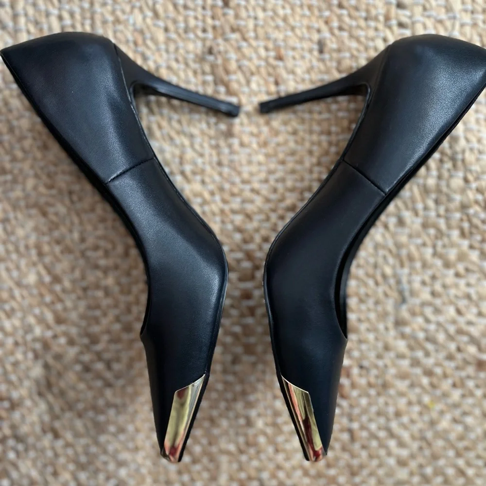 Versace Black Leather Pointed Pumps with Gold Toe Caps - Picture 5 of 11
